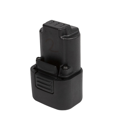 Svart batteri med rillad yta och två metallkontakter på ovansidan.