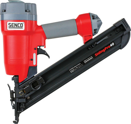 Röd och svart spikpistol med texten "Siding Pro 40" och "Senco" på kroppen.