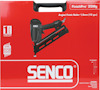 Röd förpackning för Senco FinishPro 35Mg angled finish nailer, 1 års garanti, specifikationer och logotyp synliga.