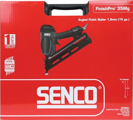 Röd förpackning för Senco FinishPro 35Mg angled finish nailer, 1 års garanti, specifikationer och logotyp synliga.