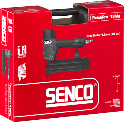Röd förpackning med vit text för en Senco FinishPro 18Mg spikpistol, 1 års garanti.