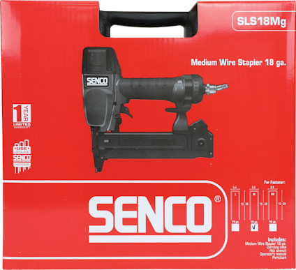 Röd förpackning med svart häftapparat, märkt "SENCO SLS18Mg". Texten inkluderar "Medium Wire Stapler 18 ga".