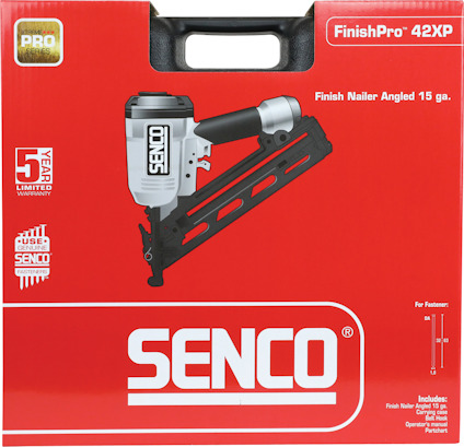 Röd låda med texten "SENCO FinishPro 42XP" och bild av en vinklad spikpistol. Inkluderar garantiinformation.