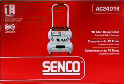Röd Senco AC24016 kompressor låda med vit och svart text, 16 liter och 2 HP specifikationer, låg ljudnivå.