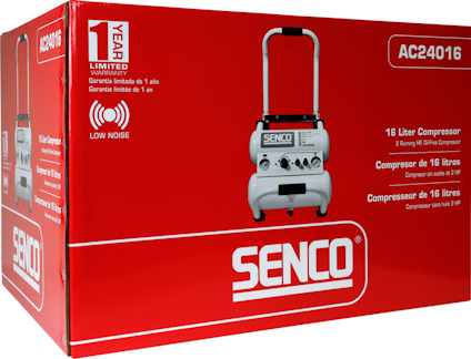 Röd förpackning med texten "SENCO", bild på en 16-liters kompressor och information om 1 års garanti.