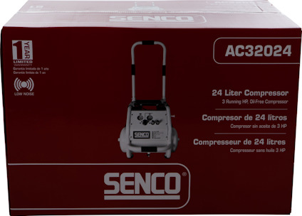 Röd låda med texten "Senco" och modellnumret "AC32024". Innehåller en 24 liters kompressor.