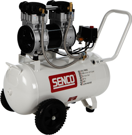 Vit luftkompressor med Senco-logotyp, hjul och handtag. Text: "OIL FREE, 1.0 HP, 230 V, 6 bar".