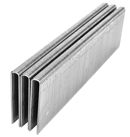 Staples in a neat stack with a metallic finish, showing parallel lines and a rectangular shape.