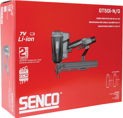 Röd förpackning med en bild av en Senco GT50i-N/0 trådlös häftpistol, 7V Li-ion, och text om 2 års begränsad garanti.