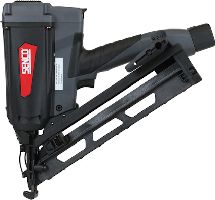 Dyckertpistol i grått och svart med röd SENCO-logotyp. Handtag med svart grepp.