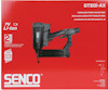 Röd förpackning med texten "SENCO GT50i-AX Cordless Finish Nailer 18GA", verkyg och garantiinformation.