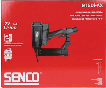 Röd förpackning med texten "SENCO GT50i-AX Cordless Finish Nailer 18GA", verkyg och garantiinformation.