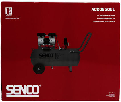 Röd förpackning med bild på 50-liters Senco kompressor, modell AC20250BL, och text om 1 års garanti.