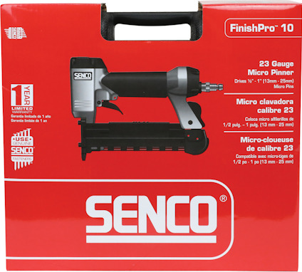 Röd förpackning med Senco FinishPro 10 Micro Pinner, 23 Gauge, och detaljer på engelska, spanska och franska.