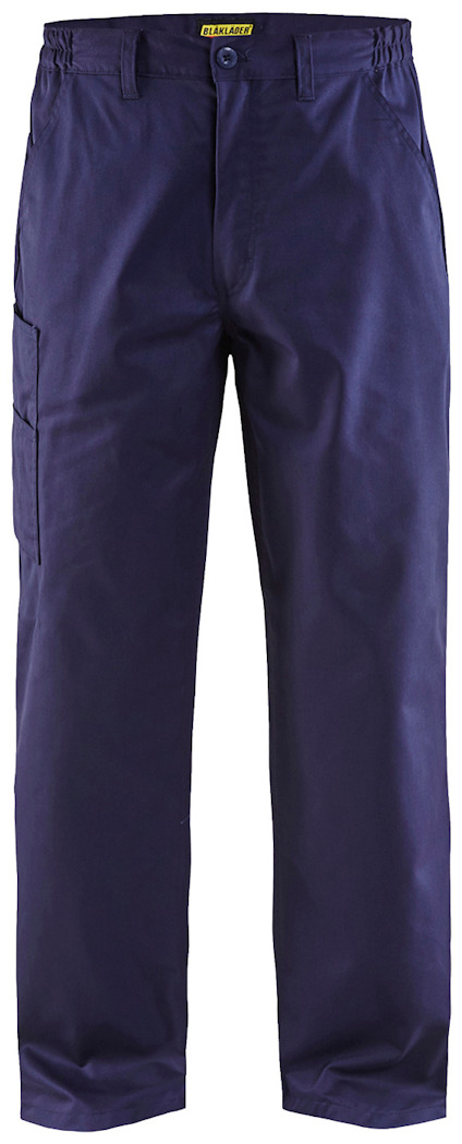 Marinblå arbetsbyxa med raka ben, fickor och hällor för bälte.