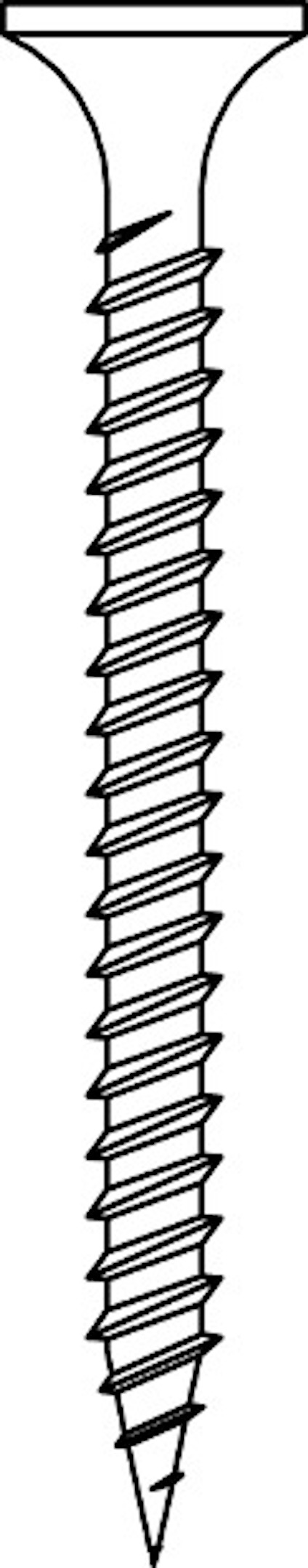 Illustration av en spetsig skruv med en trådig gänga och rund skalle.