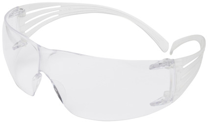 Skyddsglasögon med transparenta linser och vita skalmar i en slimmad design.