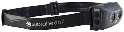 Pannlampa med svart justerbart band och texten "Suprabeam" på sidan. Två knappar på lampans enhet.