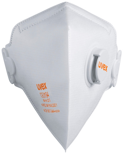 Vit halvmask med ventil och texten "uvex" i orange på sidan.