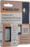 Förpackning med Berglund magnetisk LED-lampa, rörelsesensor- och laddningsbar ikon synliga. QR-kod till höger.