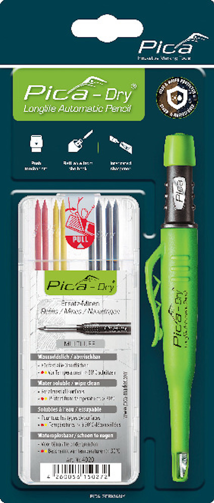 Förpackning med Pica-Dry djuphålsmärkare och stift i olika färger.förpackningen är grön och vit med text och instruktioner.