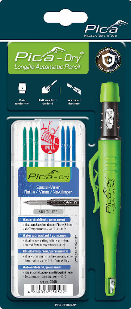 Förpackning med grön Pica-Dry automatisk märkpenna och utbytbara flerfärgade stift i hållare.