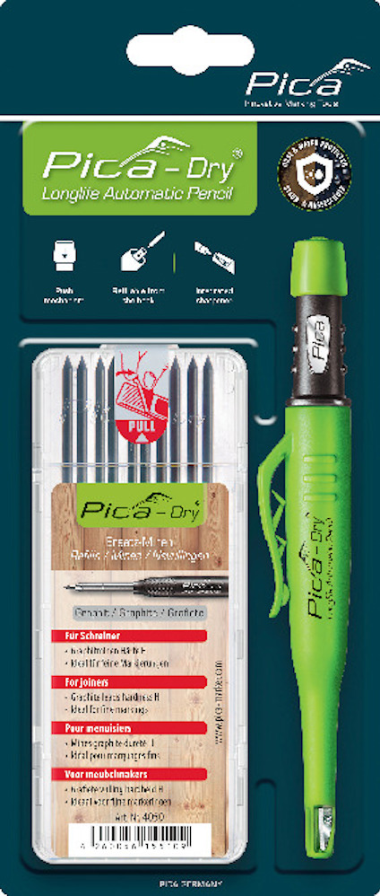 Förpackning med en grön Pica-Dry djuphålsmärkare och extra stift i ett träfodral.