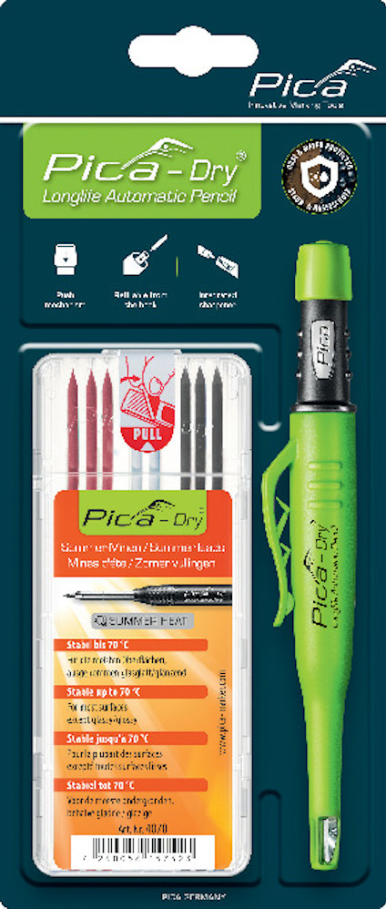 Förpackning med en grön märkpenna, extra stift i olika färger och anvisningar. Märkt "Pica-Dry".