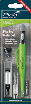 Förpackning med grön Pica Dry-penna och extra tillbehör, texten "Pica Dry Metal Set" syns.