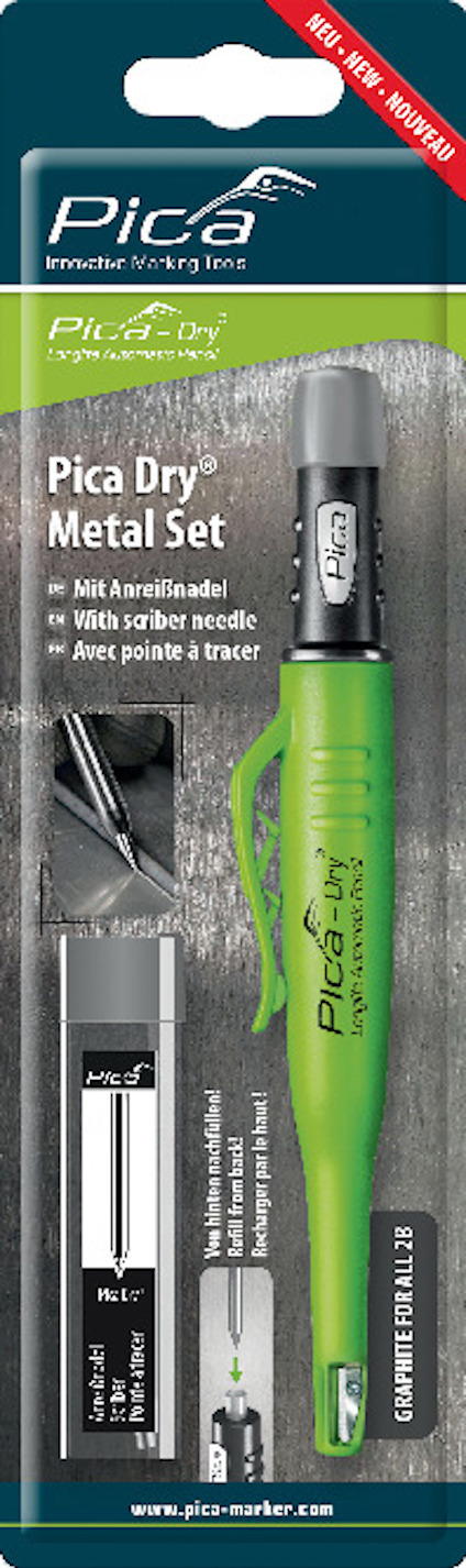 Förpackning med grön Pica Dry-penna och extra tillbehör, texten "Pica Dry Metal Set" syns.