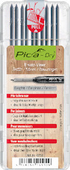 Förpackning med Pica-Dry-ersättningsstift i olika färger, text på flera språk; "Graphit Härte H" och artikelnummer 4050.