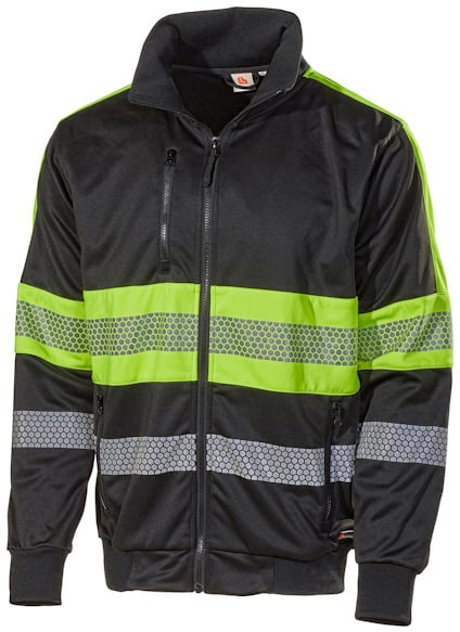 Svart sweatshirt med gula och grå reflexränder över bröstet och ärmarna. Dragkedja framtill.