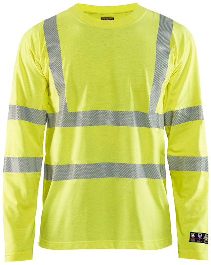 Gul långärmad t-shirt med reflekterande grå band horisontellt och vertikalt.