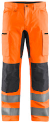 Orange byxor med mörkgrå detaljer och reflexband vid benen.