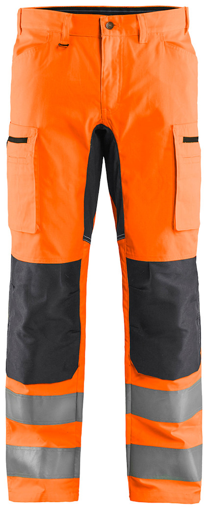 Orange byxor med mörkgrå detaljer och reflexband vid benen.