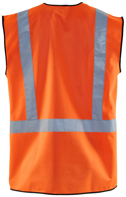 Orange varselväst med silverfärgade reflexränder på ryggen.