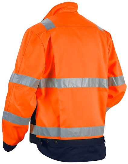 Orange varseljacka med reflexband runt armar och kropp, mörkare underdel.