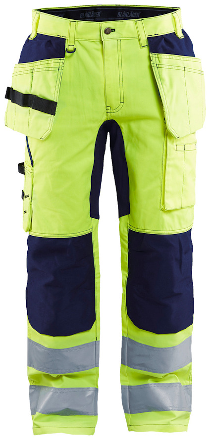Gul och marinblå arbetsbyxa med reflexband och flera fickor på framsidan.