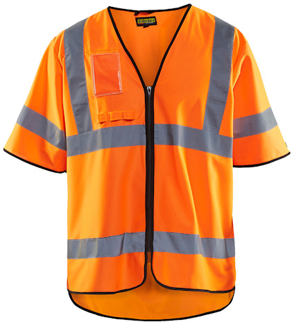 Orange varselväst med grå reflexband och korta ärmar, dragkedja framtill.