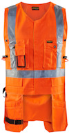 Orange arbetsväst med reflexband, flera fickor och krok.