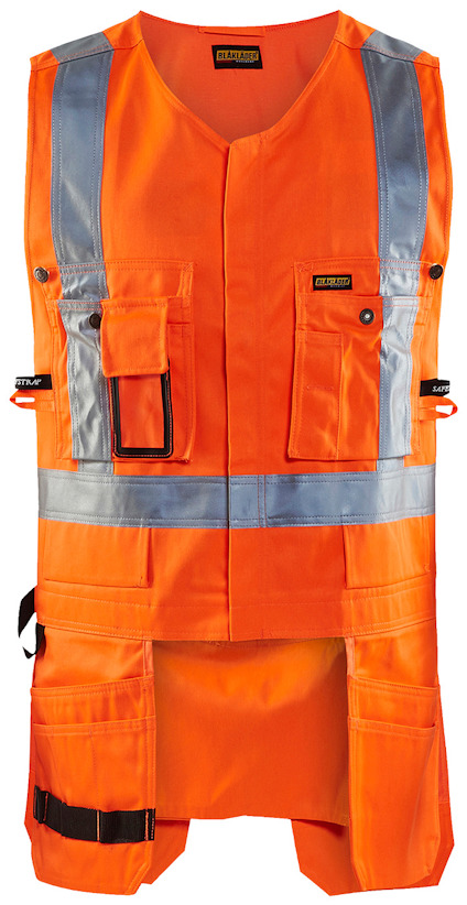 Orange arbetsväst med reflexband, flera fickor och krok.