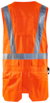 Orange reflexväst med gråa reflekterande ränder och en ficka på baksidan.