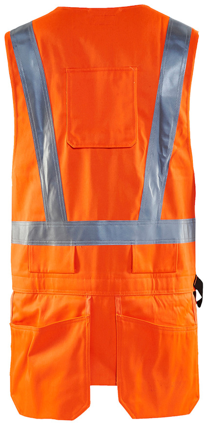 Orange reflexväst med gråa reflekterande ränder och en ficka på baksidan.