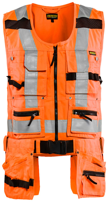Orange arbetsväst med reflexband, flera fickor och blixtlås framtill.