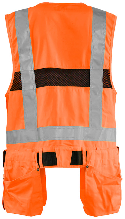 Orange säkerhetsväst med reflexband och fickor baktill.