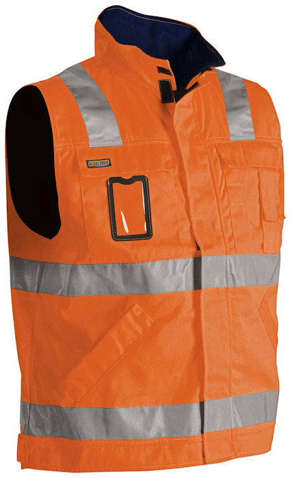Orange och marinblå väst med reflexband och fickor.