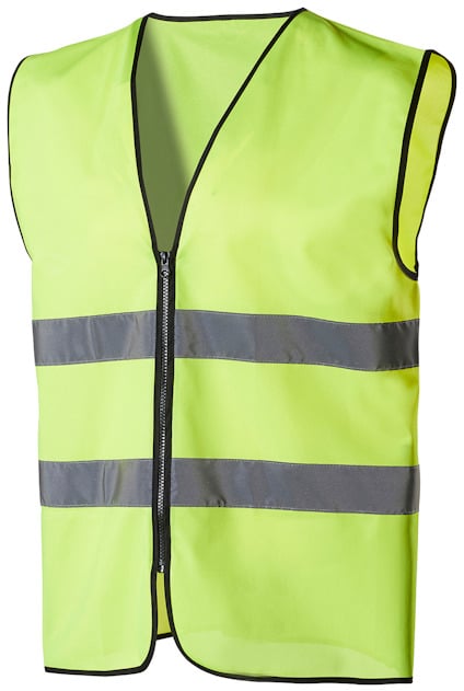 Gul reflexväst med två horisontella grå reflexband och svart kant samt dragkedja framtill.