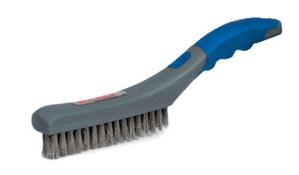 Stålborste med grå borst och blått handtag i plast.