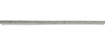 En tunn, grå, spiralmönstrad metalltråd i horisontellt läge mot vit bakgrund.