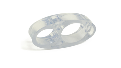 Transparent oval plastdel med två hål.